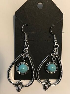 Turquoise Colored Stone Silver Tone Teardrop Dangle Earrings